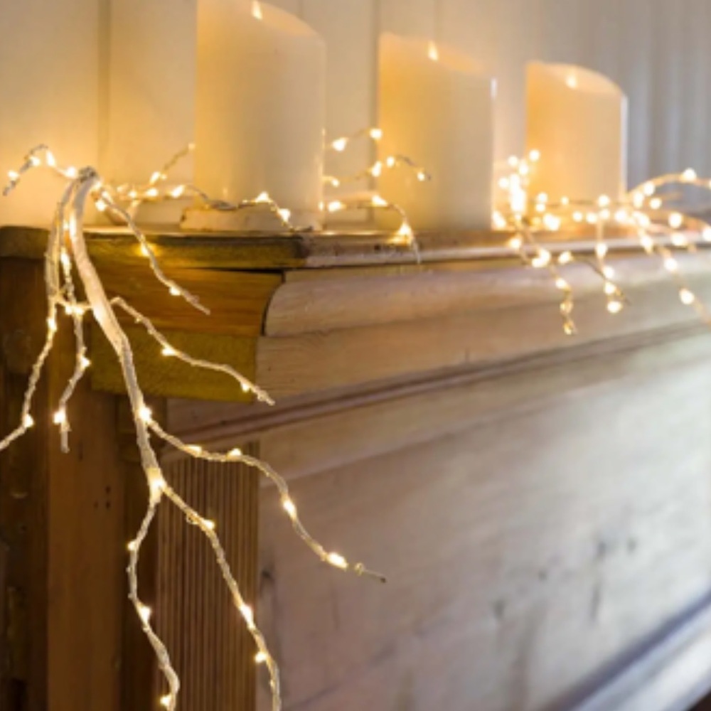 PLOW & HEARTH NWT indoor/outdoor birch garland w/ 165 led micro lights -5”